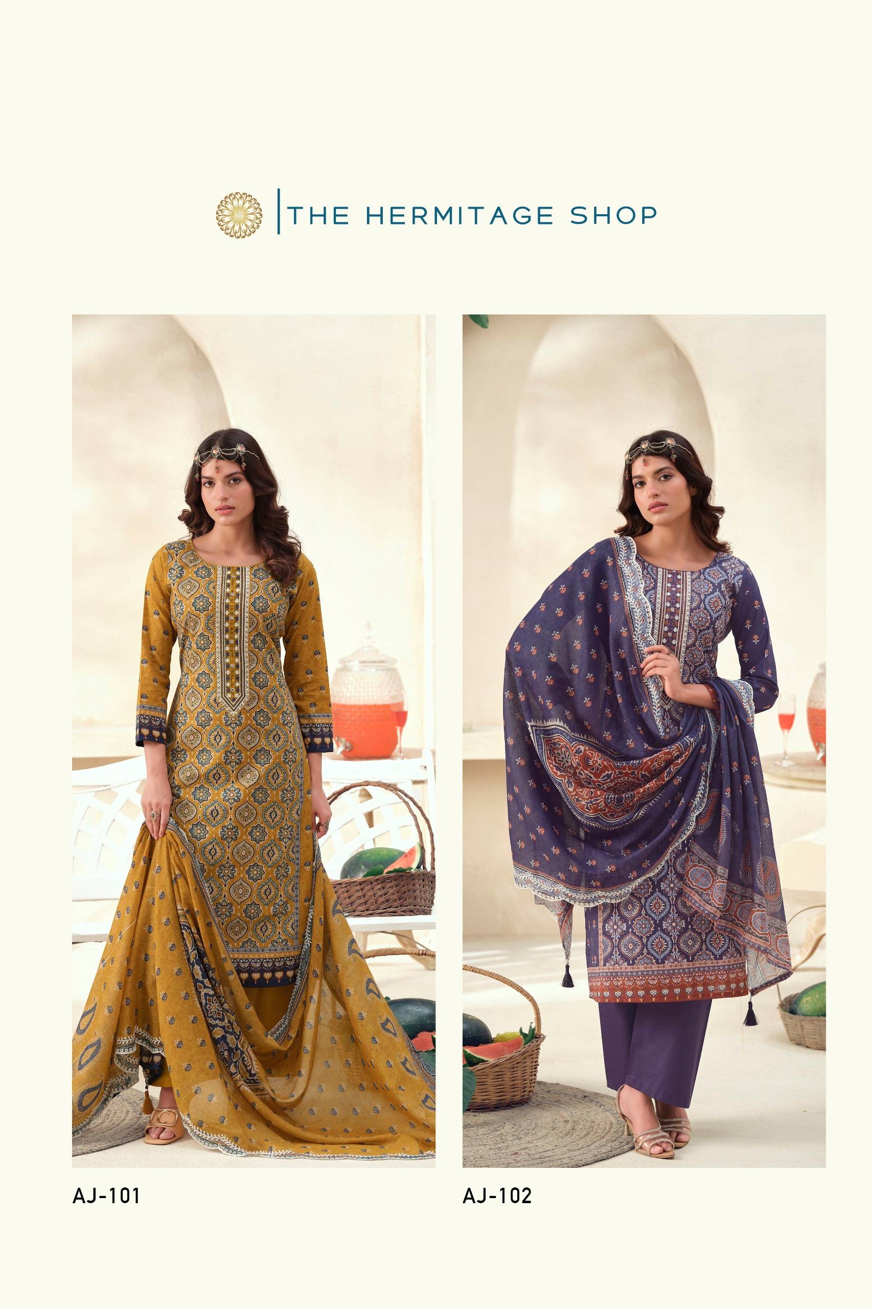 AJRAKH VOL 1 By THE HERMITAGE SHOP  101 To 104 Series Designer Suits FINEST LAWN COTTON Dresses At Wholesale Price